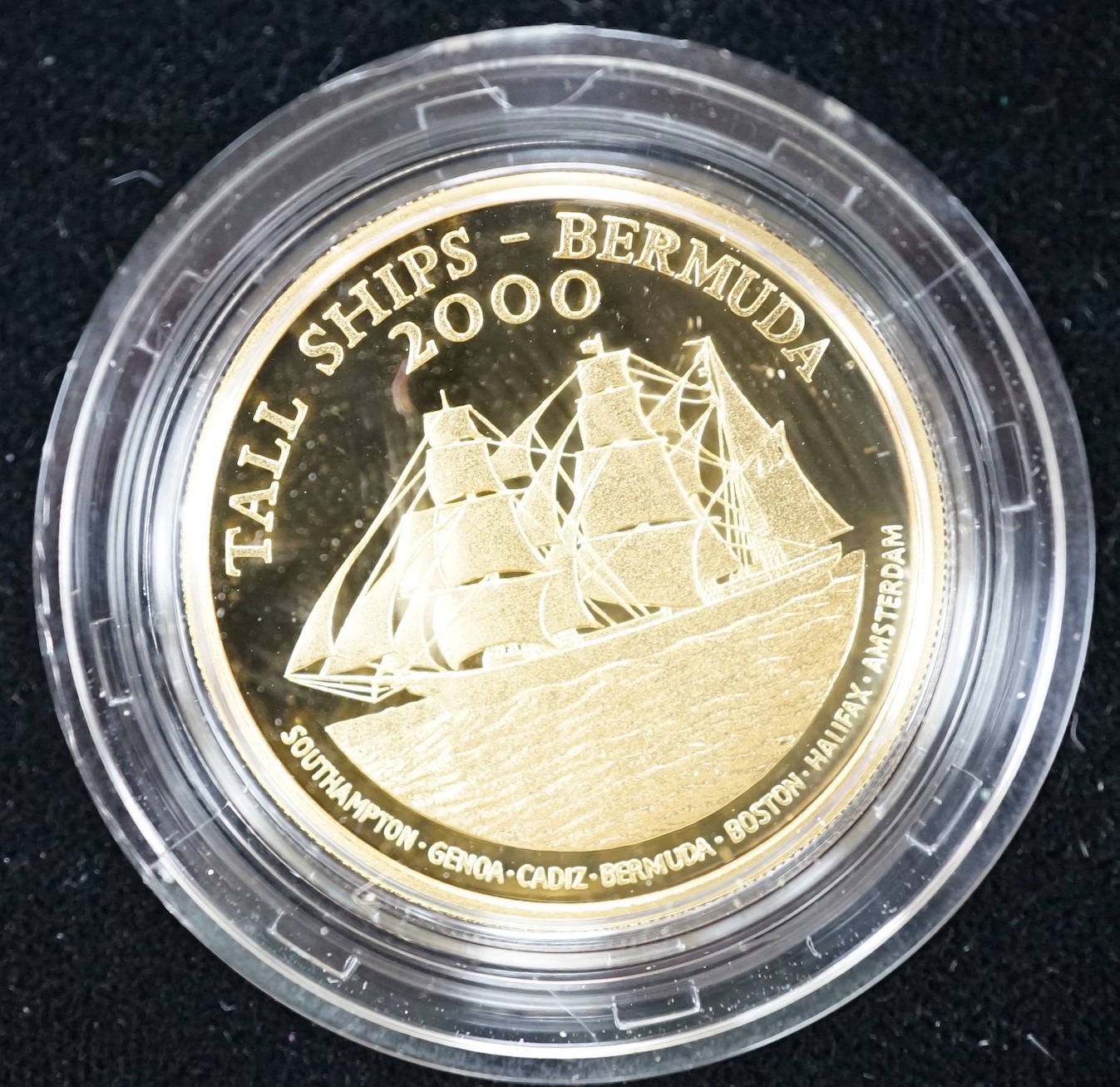 A cased Tall Ships Bermuda 2000 Race of the Century Commemorative gold proof $15 coin, with certificate, no. 0388.